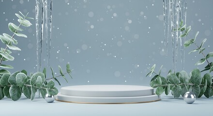 Winter beauty background with ice, eucalyptus and minimal podium