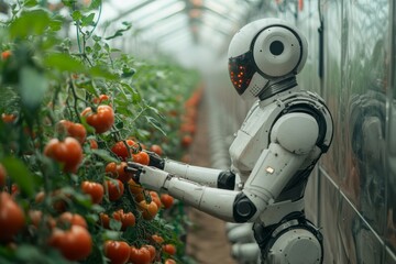 In a modern greenhouse, a humanoid robot delicately harvests ripe tomatoes, showcasing advanced agricultural technology and automated farming practices Generative AI