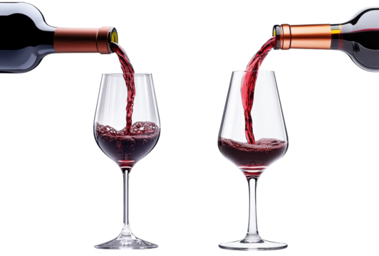 pouring red wine from a glass bottle isolated on transparent background