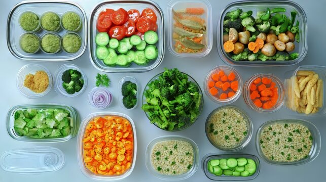 Variety of prepped vegetables and meals stored in clear containers ready for quick healthy meals.