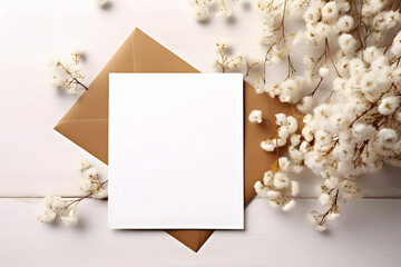 Top view photo with paper card, gift box and gypsophila flowers on gray background with empty space
