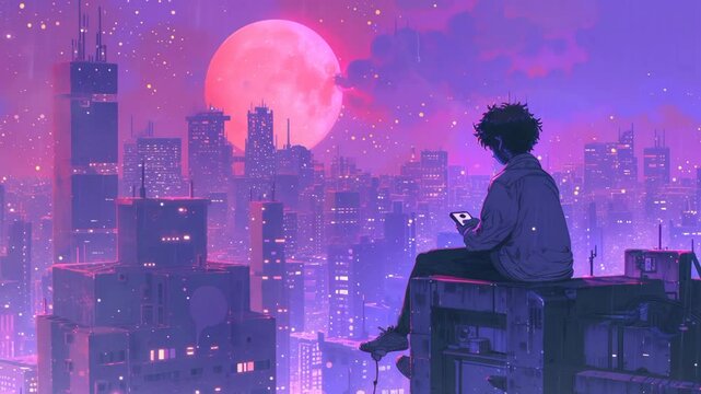 Young person sits quietly on rooftop watching glowing pink full moon rise above dreamy purple city skyline filled with lights and mist. Lifestyle concept
