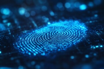 Close-up of a glowing fingerprint design on a digital surface representing advanced scanner authentication technology used for security verification Generative AI