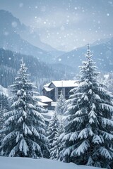 snowy trees in front of a house with a mountain in the background