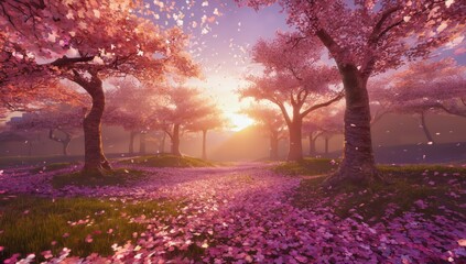 Magical Cherry Blossom Grove Bathed in Golden Sunset Light - Made with Generative AI