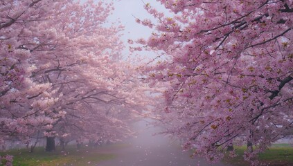 Dreamy Spring Path Through a Misty Cherry Blossom Forest - Made with Generative AI