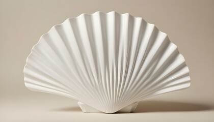 A studio shot of a white scallop shell, showcasing its intricate ribbed texture and fan-like shape, set against a neutral background