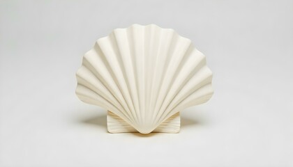 A studio shot of a white scallop shell, showcasing its intricate ribbed texture and fan-like shape, set against a neutral background