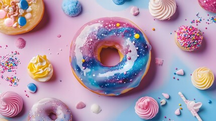 Colorful Donuts and Treats on Pastel Background