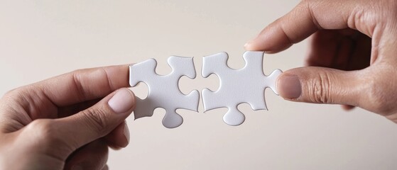 Two hands holding two white jigsaw puzzle pieces. the hands are positioned in a way that they are holding the pieces together, with the fingers slightly overlapping each other.