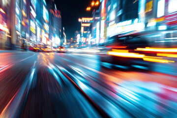 Car motion blur on city street at night