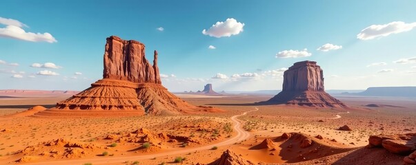 A solitary rock formation rises from the vast desert sand, landscape, desert