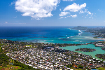 Aerial view of Oahu’s coastline and neighbourhoods near Koko Head.