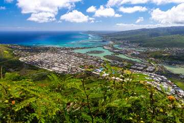 Aerial view of Oahu’s coastline and neighbourhoods near Koko Head.