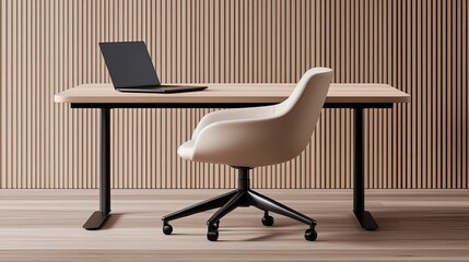 Fototapeta premium Modern home office workspace, stylish home office setup with a sleek desk, ergonomic chair, and laptop, creating the perfect home office environment for productivity and comfort