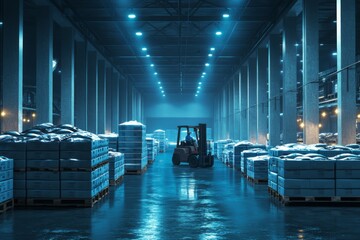 Workers utilize forklifts in a cold storage warehouse, preparing and organizing large quantities of fish on pallets under cool, blue lighting Generative AI