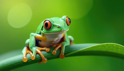 Obraz premium Green tree frog perched on white, vibrant colors , wet, tree frog, leap