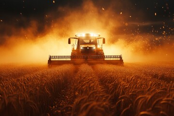 Fototapeta premium A highly advanced harvester works through a sprawling wheat field, creating a mesmerizing golden glow against a backdrop of a stunning sunset filled with warm hues Generative AI