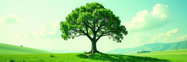 Fototapeta premium Isolated trees branch out from a central trunk, landscape, isolation, greenery