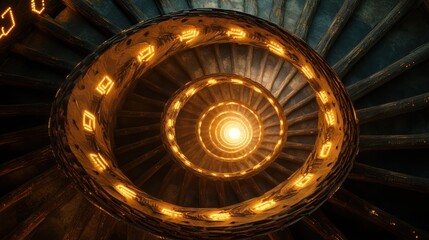 Obraz premium A beautiful spiral staircase with glowing illuminated decorations inside