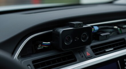 Fototapeta premium Advanced Automotive Technology: A Close-Up of a Functional In-Car Sensor Unit Designed for Enhanced Driver Assistance and Road Safety Features