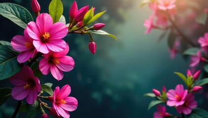 Vibrant fuchsia blossoms, intricate leafy details, leaves, floral, photo