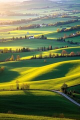 arafed view of a green field with a road in the foreground