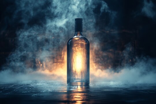 A vodka bottle stands alone in a misty setting, illuminated by a warm glow. The ambiance evokes a sense of mystery and intrigue, perfect for an evening atmosphere Generative AI