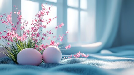 Obraz premium Spring celebration with pink flowers and eggs cozy indoor setting nature photography