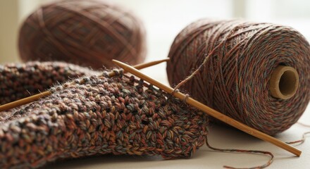 A close-up view of knitted fabric on bamboo needles, surrounded by two yarn balls in soft hues, showcasing the artistry of knitting in a cozy indoor setting.