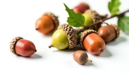 Acorns scattered around branch on white background, nuts, nature, oak