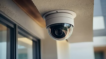 Security camera mounted on a building corner, observing a modern outdoor area with blurred background