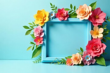 Vibrant Paper Flowers Encircling a Light Blue Frame on a Pastel Background