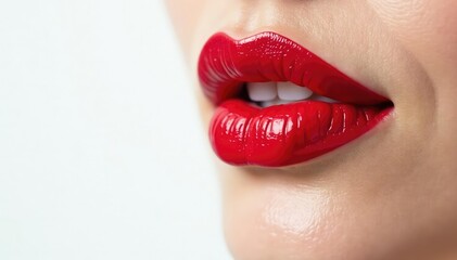 Obraz premium Close-up of vibrant red lipstick on pure white , gloss, make up, clean