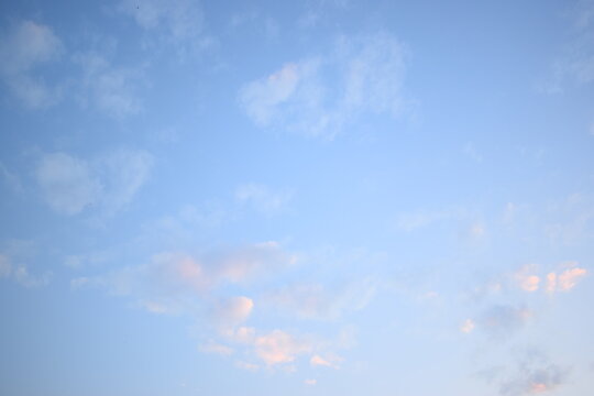 beautiful blue sky and white fluffy group of clouds with sunrise in the morning, natural background