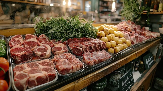 Butcher Shop Display: Fresh Meat, Potatoes, and Herbs