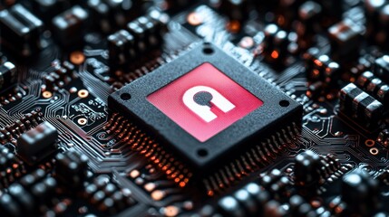 Close-up of a Microchip with a Red Unlock Symbol