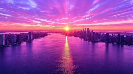 Fototapeta premium Manhattan Sunset: A Vibrant Aerial View