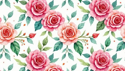 Delicate watercolor roses, lush leaves, seamless repeat pattern, background, textile, spring