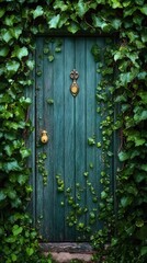 Hidden teal door in overgrown garden