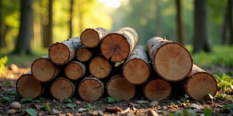 A Stack of Logs in a Sun-Dappled Forest, Displaying the Natural Beauty of Wood and the Serenity of Nature