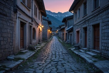 Obraz premium Abandoned Cobblestone Street in Mountain Village at Dawn Close-up View