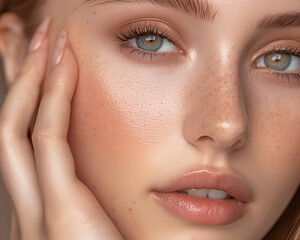 Fototapeta premium Intimate portrait of a young woman's natural beauty studio photography soft lighting close-up skin care concept