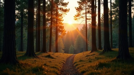 Obraz premium Golden Hour Pathway Through a Serene Forest of Tall Trees at Sunset, Casting Long Shadows on the Lush Green Grass