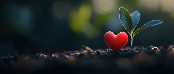 Close-up of a small red heart-shaped plant growing out of the ground. the heart is in the center of the image and is positioned in the middle of the soil.