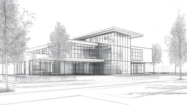 Architectural sketch of a modern building with landscaping