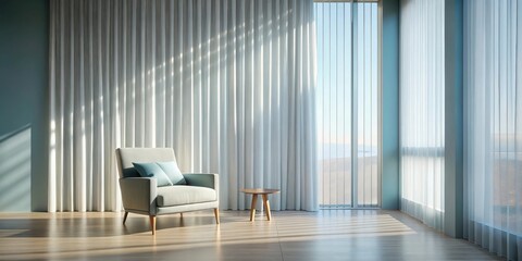 Serene minimalist living room with sheer curtains, a light teal armchair, and a small wooden side table, bathed in sunlight streaming through a large window.