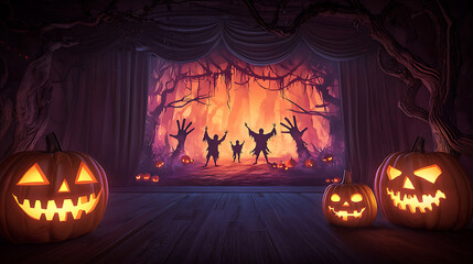 Halloween celebration spooky forest stage digital art eerie atmosphere dramatic view seasonal spirit