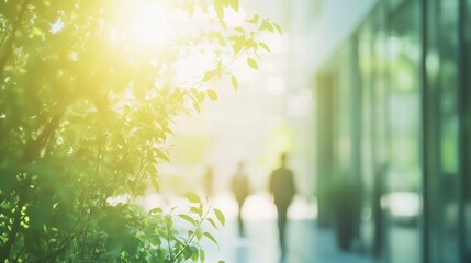 Sunlight filters through leaves, blurring cityscape background with pedestrians.