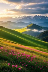 Obraz premium a view of a mountain range with pink flowers in the foreground